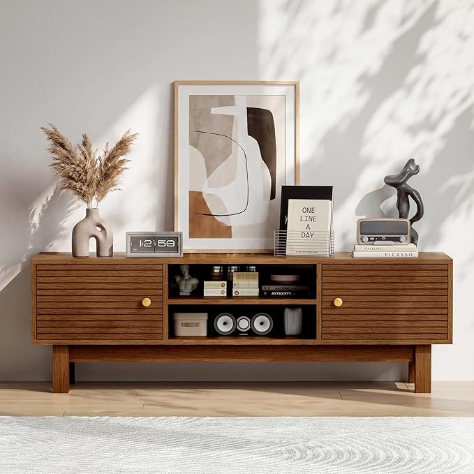YOSHOOT Mid Century TV Stand for 55 inch TVs, Modern Entertainment Center with Storage Cabinets, Solid Wood Media Console with Open Shelves for Living Room & Bedroom, Walnut