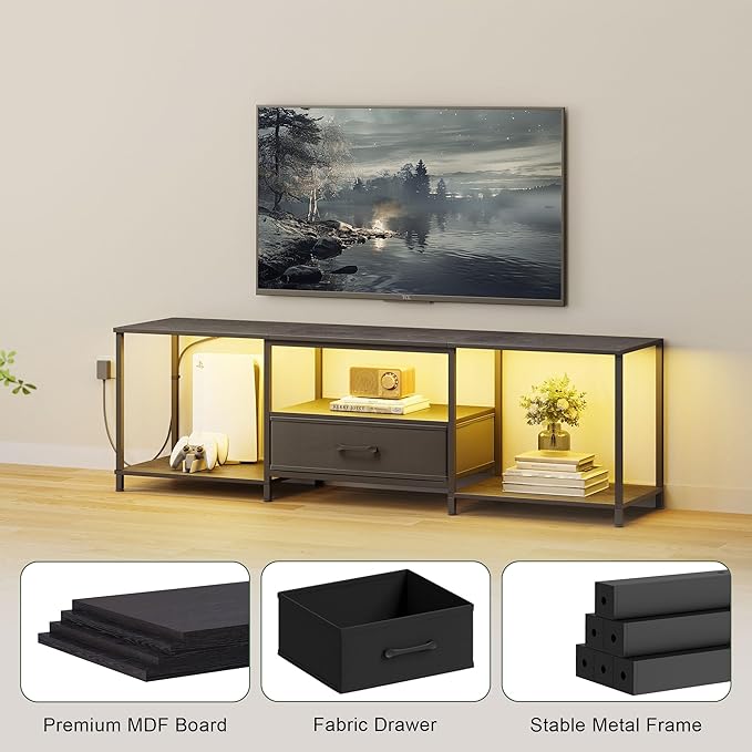 JARHETUN TV Stand with LED Lights, Entertainment Center with Open Shelves and Fabric Drawer, Media Console for 80 Inch TV, Television Stands for Living Room, Bedroom, Black