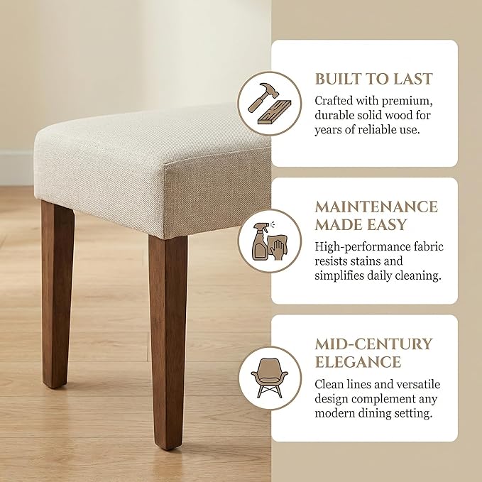 HNY Farmhouse Upholstered Dining Bench Seat, 45" Linen Entryway Bench with Natural Wood Legs, Mid Century Modern End of Bed Bench for Kitchen Bedroom Living Room Hallway, for 2-3 Person, Beige