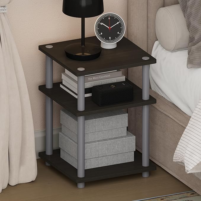 Furinno Turn-N-Tube Night Stand, 3-Tier Nightstand, Open Shelves Bedside Table, Side Table, End Table, Easy Assembly, for Bedroom, Closet, Dorm, Espresso