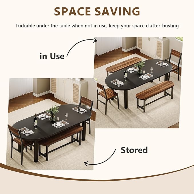 Feonase Dining Chairs and Benches Set of 4, Modern Dining Room Chairs with Ergonomic Backrest, Wood Structure & Metal Legs, for Kitchen, Dining Room, Space-Saving, Easy to Assemble & Clean, Walnut