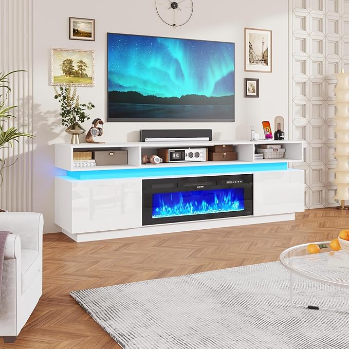 chartustriable Fireplace TV Stand for 95" TV, 83" LED Entertainment Center with 40" Fireplace & Power Outlets, High Gloss TV Stand, Gaming TV Media Console for Living Room, 83 Inch, White