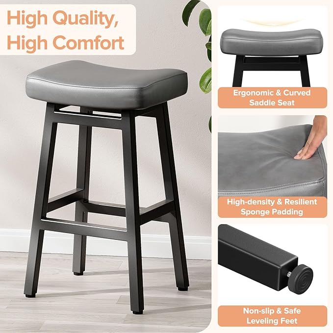 Raynesys 29 Inches Bar Stools Set of 2, Bar Height Barstools for Home Counter, Blackless Barstool with Bonded Leather Saddle Seats & Heavy Duty Metal Legs, Easy Assembly, Gray/Black