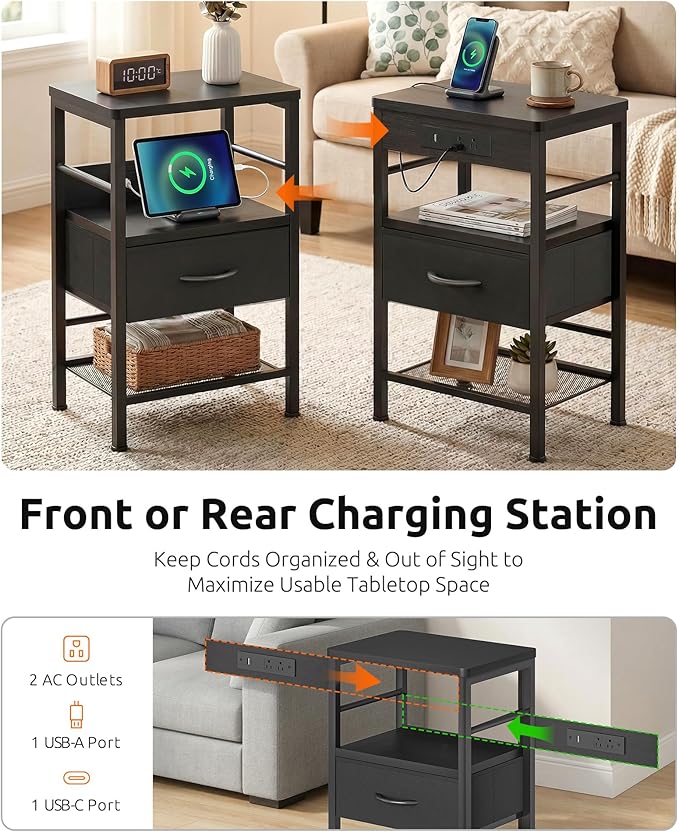 Lazzanto Nightstands Set of 2 with Charging Station, Bedside Tables with Open Shelf & Hooks, End Tables with USB-C USB-A Ports AC Outlets, Night Stand for Bedroom with Fabric Drawer, Black