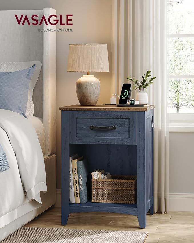 VASAGLE LIRY Collection - Farmhouse Nightstands with Charging Station, Set of 2 Bedside Tables, Side Tables with Drawer, Open Compartment, for Bedroom, Rustic Blue and Honey Brown LET659Q101S-2J