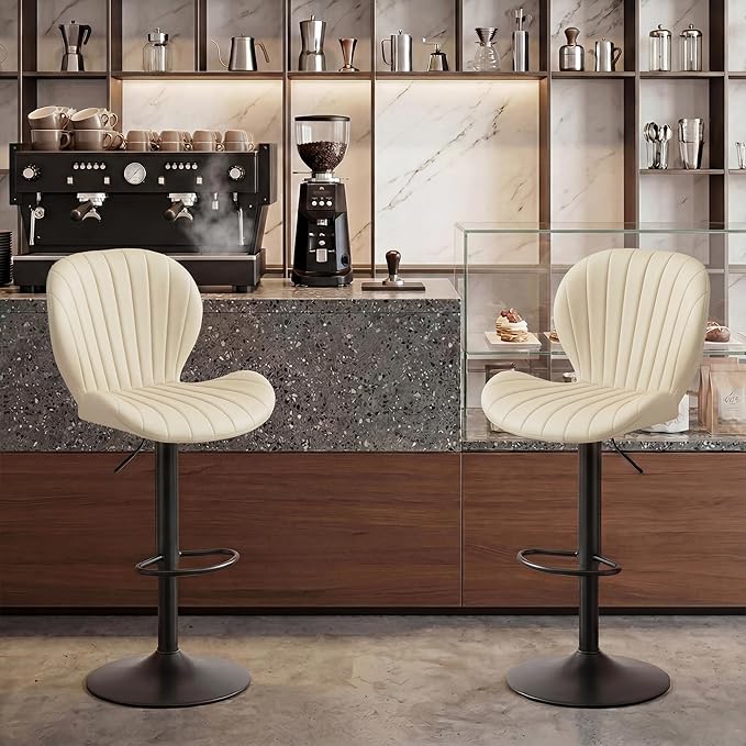 GRUSIGN Bar Stools Set of 4, Modern Swivel Adjustable Bar Chairs, Faux Leather Upholstered Counter Height Bar Stools with Backrest, Comfort Barstools for Kitchen Island, Home Bar, Beige