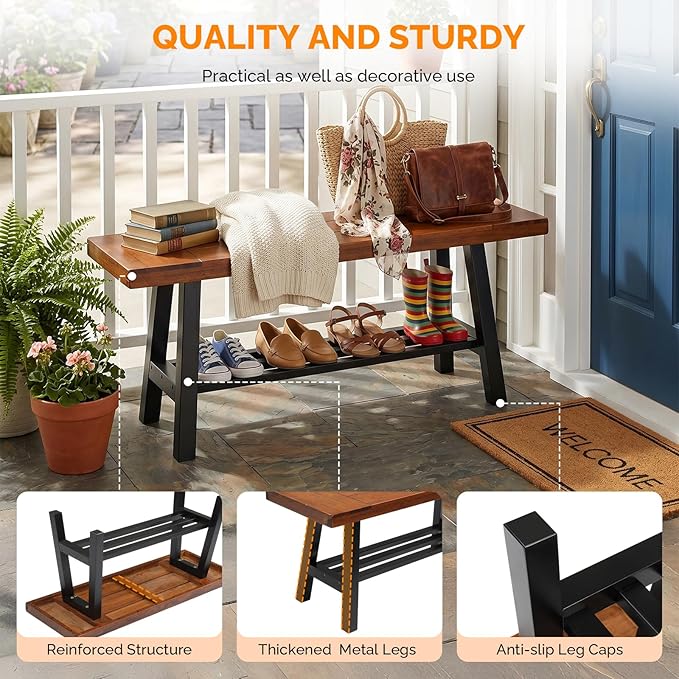 VINGLI 40in Storage Bench, Solid Wood Seat with Metal Storage Shelf, Weather Resistant High Capacity Indoor Outdoor Dining Benches, Sturdy Shoe Rack Bench for Entryway Mudroom Porch