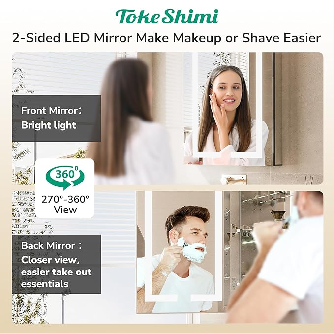 TokeShimi 36x24 Lighted Medicine Cabinet Mirror with Outlet, 3 Colors Dimmable Led Medicine Cabinet with Lights, Wall-Mount or Recessed, Anti-Fog Mirror with Storage for Bathroom and Vanity