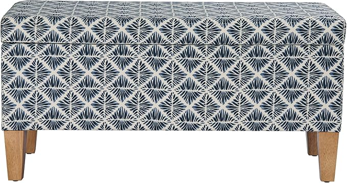 HomePop Large Decorative Storage Bench with Flip-Top - Blue Geometric Pattern - Cotton Fabric - Natural Wood Legs