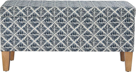 HomePop Large Decorative Storage Bench with Flip-Top - Blue Geometric Pattern - Cotton Fabric - Natural Wood Legs