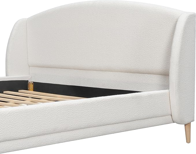 Christopher Knight Home Hazel King Size Bed Frame, Upholstered Platform Bed, Soft Boucle Wingback Headboard, Wood Bed Support and Slats, Curved-Shaped Headboard King Beds for Adult, 45.60" H White