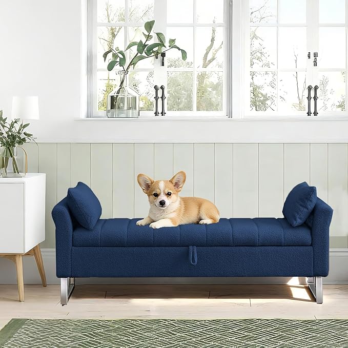 66'' End of Bed Bench with Storage for Bedroom King Size, Long Bedroom Benches for Foot of Bed King, Teddy Storage Bed Bench with Armrest & 2 Pillows for Entryway, Navy Blue