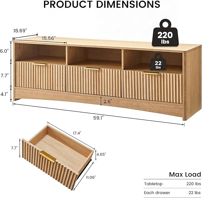 AMADA HOMEFURNISHING Fluted TV Stand for TVs Up to 65″, Mid-Century Modern Entertainment Center with Storage Drawers and Open Shelf, TV Console for Living Room or Bedroom, Natural Oak