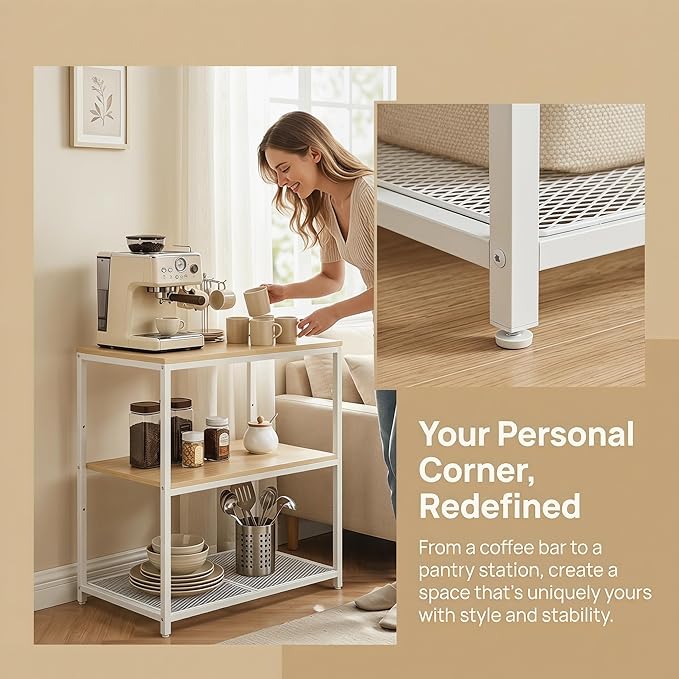 Homleke Kitchen Island with 3 Shelves, Kitchen Shelf with Large Workstation, Bakers Rack, Workbench, Metal Frame, White and Natural