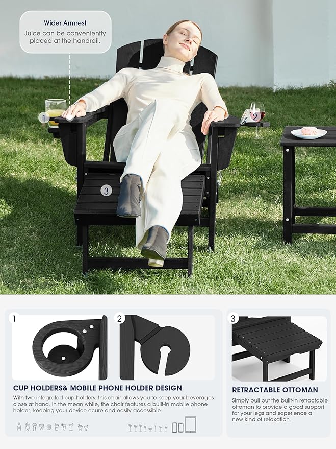 KINGYES Folding Adjustable Adirondack Chair with Retractable Ottoman, HDPE Recliner Adirondack Chair with Cup Holder, Black