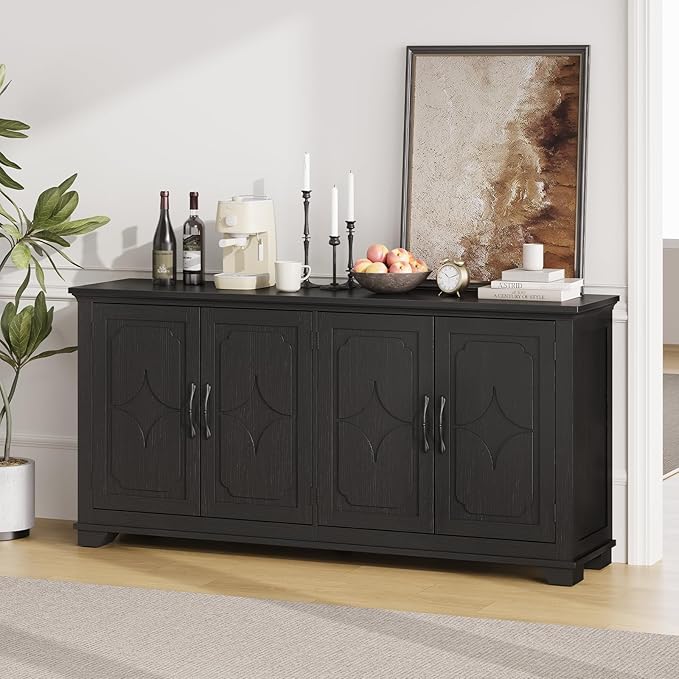 ONBRILL 63 Inch Buffet Cabinet with Storage, Large Sideboard Cabinet with 4 Carved Doors, Modern Credenza Storage Cabinets w/Adjustable Shelves for Kitchen, Living Room, Black