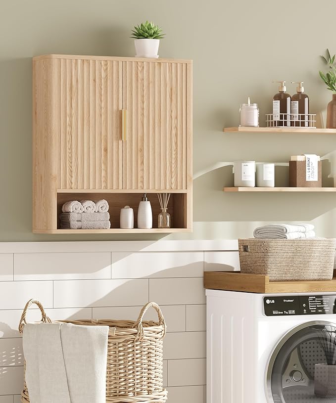 27.6"H Bathroom Wall Storage Cabinet with 2 Fluted Doors, Modern Medicine Cabinet with Adjustable Shelf, Curved Over the Toilet Storage Cabinet for Laundry Room, Kitchen & Living Room, Natural Oak
