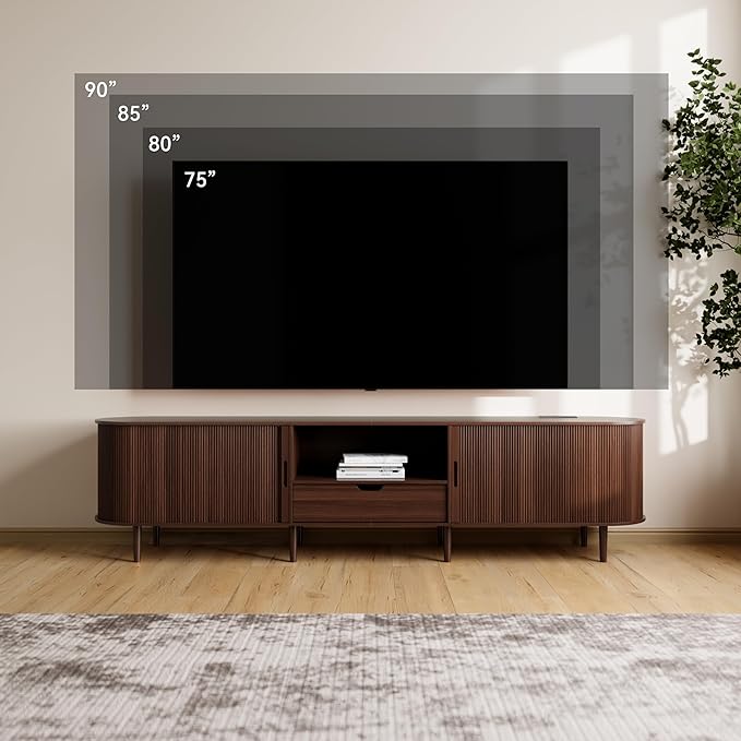 DHH 86.6" Fluted TV Stand with Power Outlet for TVs up to 90", TV Console with Adjustable Shelves and Sliding Door,Mid Century Modern Entertainment Center for Living Room,Bedroom (Walnut, 86.6Inch)