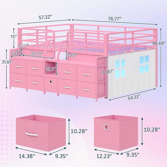 Dnxao Low Loft Bed Full Size with 9 Drawers and 2 Bookcases, Full Size Loft Bed with Charging Station & LED Lights, 15" H Safety Guardrail Metal, Under-Bed Play Space,Pink