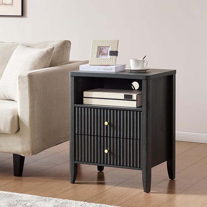 Fluted Nightstand with Charging Station Set of 2, 21" Wide Modern Bedside Table with 2 Drawers & Open Shelf, Wood End Table with Storage & Metal Handle for Bedroom, Small Spaces, Black Grey