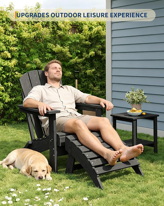 GarveeLife Folding Adirondack Ottoman for Adirondack Chair, HDPE All-Weather Footrest for in/Outdoor Patio Deck Backyard, Black