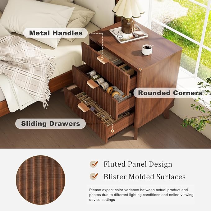 LYNCOHOME Fluted Nightstand with 3 Drawers, Modern Wood Chest of Bedside Table with Curved Profile, Fluted Dresser Organizer for Bedroom,Walnut