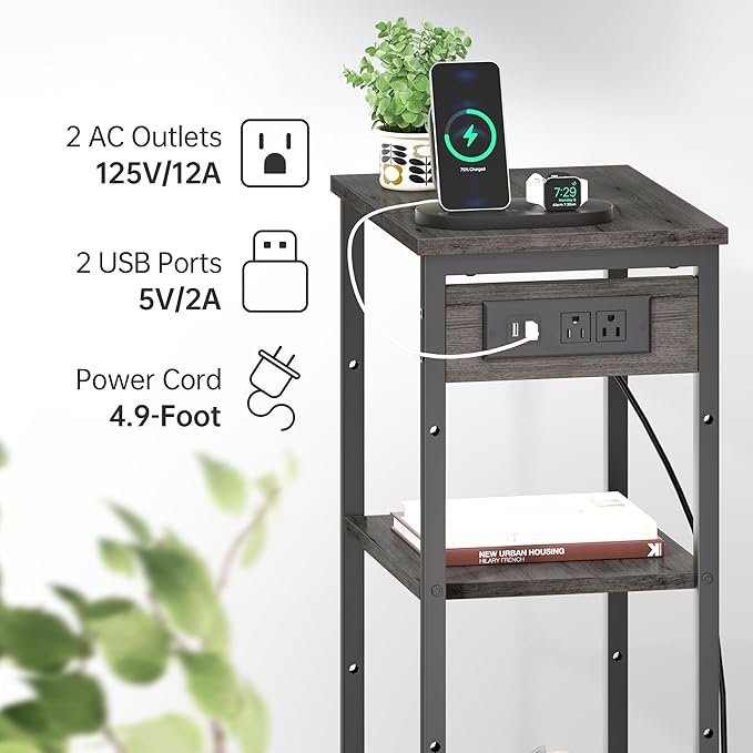 Asgolion Tall End Table with Charging Station, 3 Tier Narrow Beside Table with Adjustable Shelf, Tall Gray Side Table Nightstand for Bedroom, Living Room Coffe Table, Office, Charcoal Grey