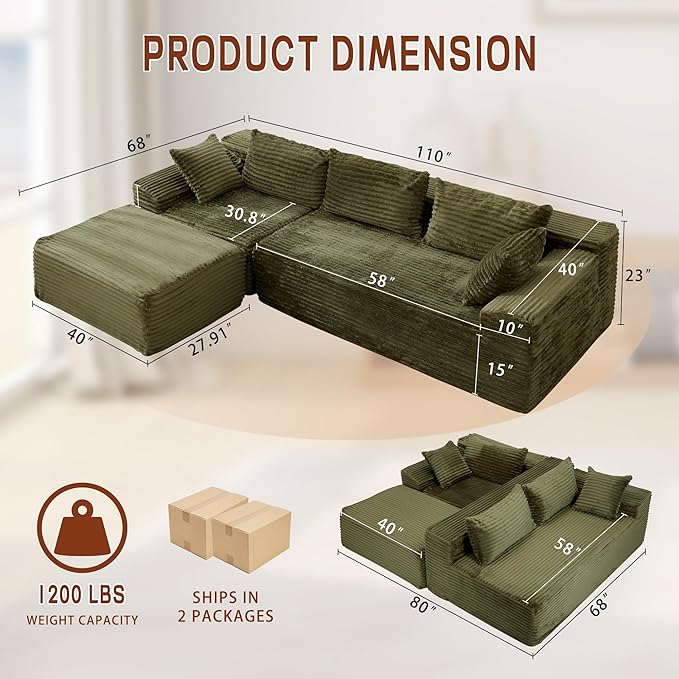 Korser 110" L-Shaped Modular Sectional Sofa with Chaise, Boneless Comfy Corduroy Fluffy Couch with Deep Seat and Side Pockets, Flexible Module Combination for Living Room, No Assembly, Side Pockets