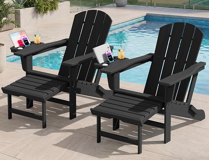 KINGYES Adjustable Folding Adirondack Chair with Footrest & 4-in-1 Multi-Functional Armrest Organizer Set of 4, HDPE Foldable Recliner Adirondack Chair with Pull-Out Ottoman, Black