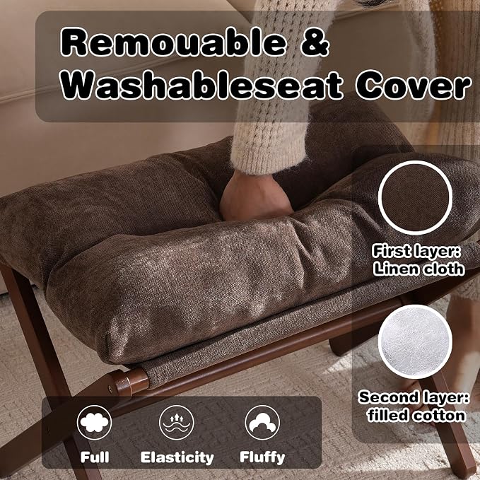 Baveke Ottoman Foot Rest- Bamboo Folding Stool, Foot Stools Small Ottman with Upholstered & X Legs, Foldable Stool for Makeup, Bedroom and Living Room, FSC-Certified (Large Brown)