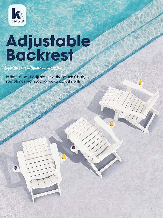 KINGYES Folding Adjustable Adirondack Chair with Ottoman & 2 Cup Holders Set of 2, HDPE Adirondack Recliner Chair with Footrest, White