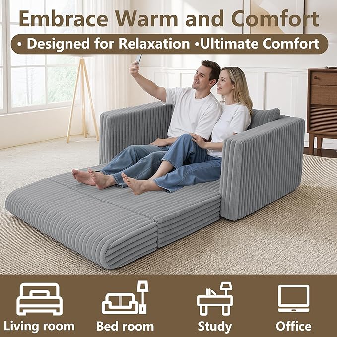 HABUTWAY 49.8" Loveseat Boneless Couch, 4-in-1 Convertible Sofa Bed, Plush Fur Folding Futon Sofa Bed Couches with a Pillow for Living Room, High-Density Foam Support, No Assembly Required, Light Grey