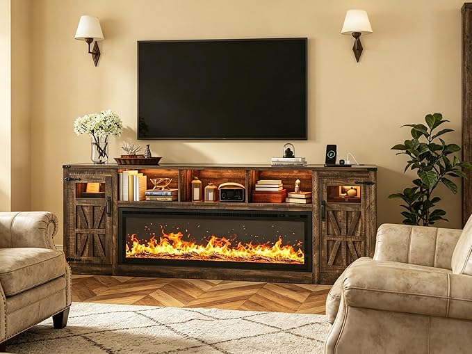 Fireplace TV Stand for 100 Inch TV, 95" Farmhouse Entertainment Center with 60" Electric Fireplace & LED Lights, Large Media Console for Living Room, Rustic Barn Doors, Power Outlets, Rustic Brown