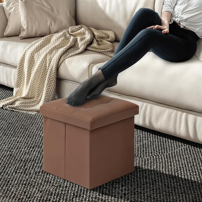 Magshion Small Folding Storage Ottoman Cube, 15 Inches PU Leather Footrest Stool, Square Ottoman with Storage for Entryway, Living Room, Bedroom, Brown