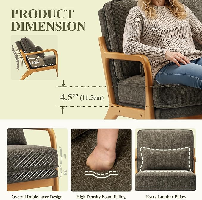 MALOL Accent Chair with Solid Wood Frame, Mid-Century Relaxing Armchair Lumbar Pillow& Soft Cushion, Reading Leisure Chair for Living Room, Bedroom, Waiting Room-Green