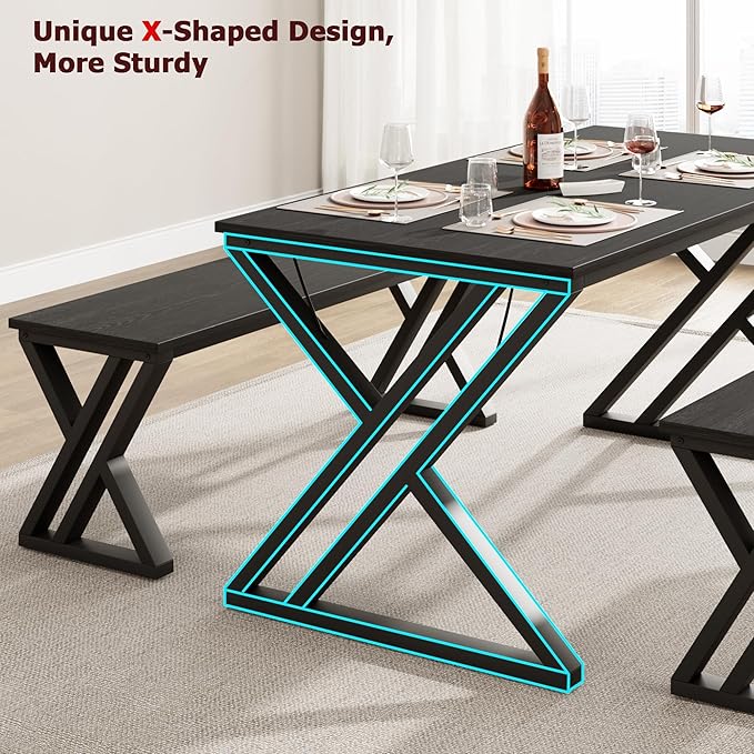 GarveeHome Kitchen Table with 2 Benches, Dining Table Set for 4, Saving Space Dining Room Table Set for Kitchen, Dining Room, Apartment, Sturdy Metal Frame, Black