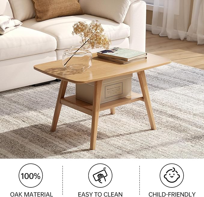 Small Coffee Table for Living Room, 2-Tier Mid Century Modern Small Tables with Shelf Storage, Storage Coffee Table with Rounded Corners (Solid Oak Wood Log Color, 31.5'' L)