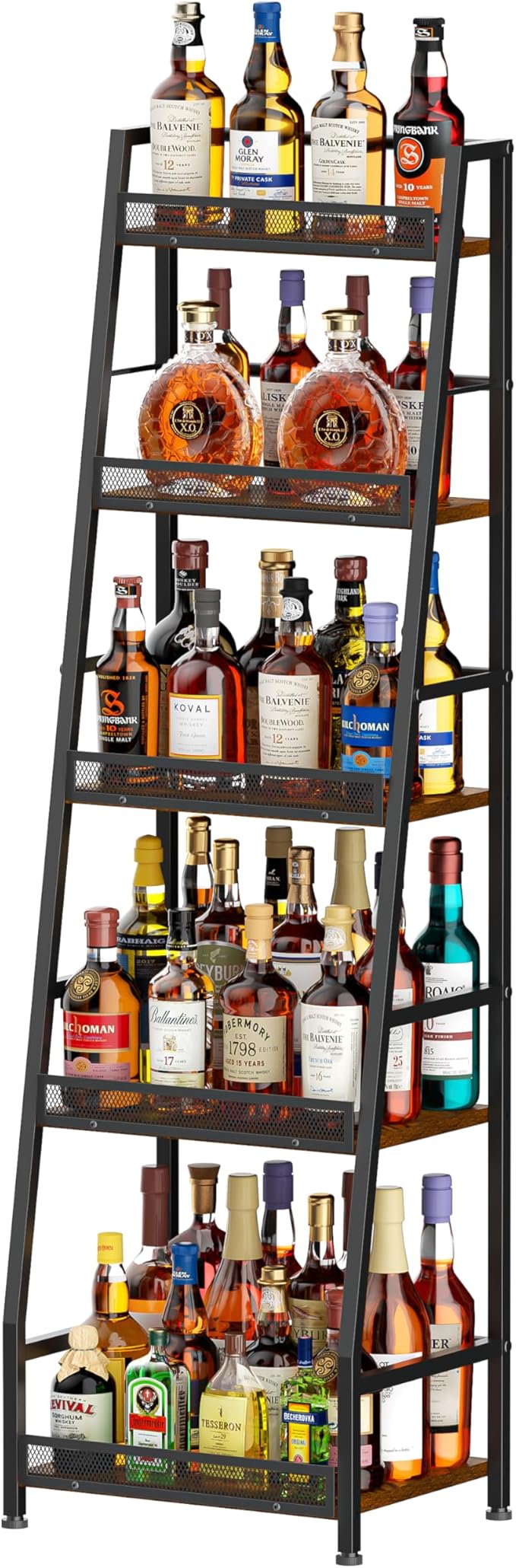 5-Tier Trapezoid Liquor Stand for Home Bar, Large-Capacity Liquor Cabinet Bar for Home, Stepped Wine Rack Freestanding Floor for Whiskey, Corner Wine Bottle Display Shelf with Fences for Living Room