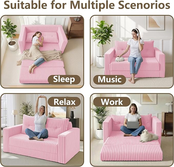 HABUTWAY 41.3" Loveseat Boneless Couch, 4-in-1 Convertible Sofa Bed, Plush Fur Folding Futon Sofa Bed Couches with a Pillow for Living Room, High-Density Foam Support, No Assembly Required, Pink
