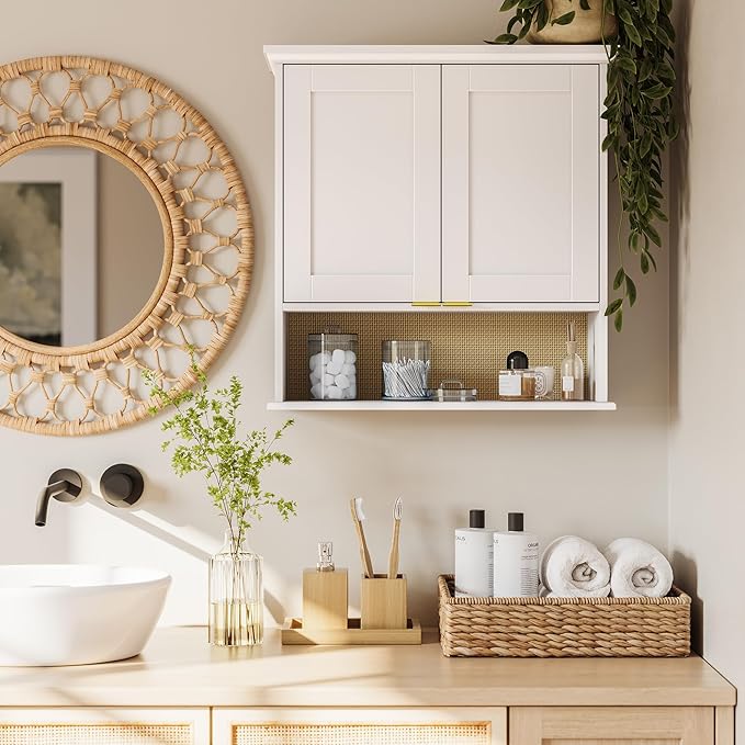 RiverRidge Shorewood Two-Door Bathroom Storage Over the Toilet Wall Medicine Cabinet with Woven Rattan Backboard, Adjustable Shelving, Soft-Close Hinges, Wall-Mounted - White