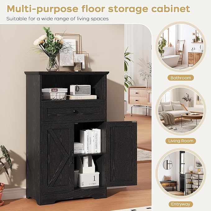 Floor Cabinet, Farmhouse Storage Cabinet with Barn Doors and Drawer, Freestanding Adjustable Shelf Organizer for Bathroom, Kitchen, Living Room Black