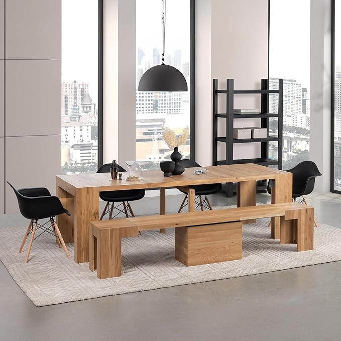 Transformer Table - Solid Wood Extendable Dining Table, Seats 2-12, Expandable Dining Room Table, Space-Saving Furniture, Kitchen and Dining Room Furniture (Natural, Table + Bench)
