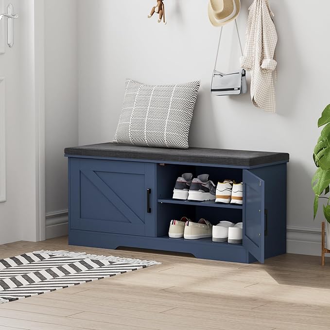 HOMSHO 2-Tier Storage Bench, 39.4" Wide Shoe Bench with Padded Seat Cushion, Entryway Bench with 2 Barn Doors and Adjustable Shelf, Blue