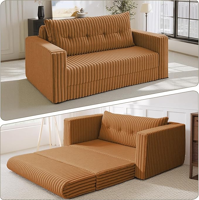 HABUTWAY 49.8" Loveseat Boneless Couch, 4-in-1 Convertible Sofa Bed, Plush Fur Folding Futon Sofa Bed Couches with a Pillow for Living Room, High-Density Foam Support, No Assembly Required, Orange