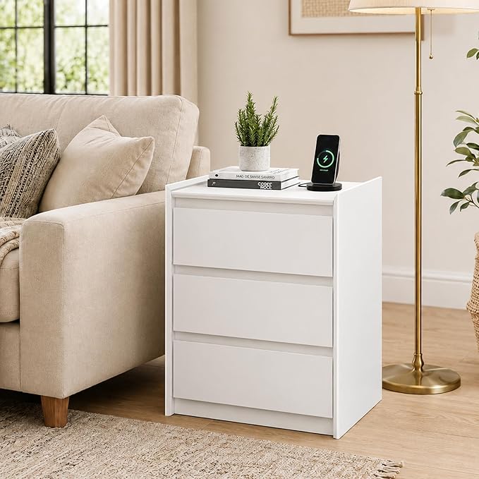 24" Tall Nightstand with Charging Station Including USB-C, Modern Bedside Table and Sofa End Table - White, 3 Drawers, 1-Pack