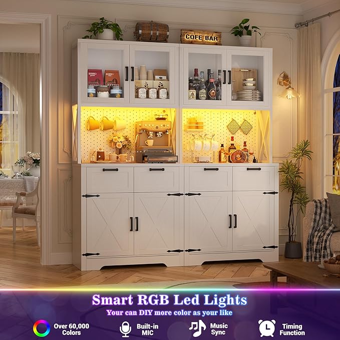 Unikito 71" Tall Kitchen Pantry Storage Cabinet with LED Light & Outlet, 63" Wide Kitchen Hutch Cabinet with Large Countertop, DIY Pegboard and Drawers, Farmhouse Food Pantry for Living Room, White