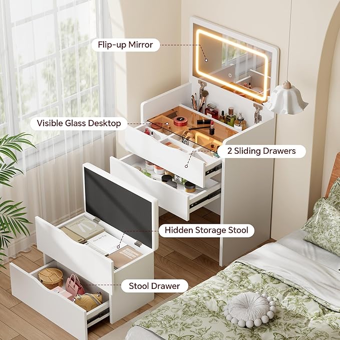 Mr IRONSTONE Compact Vanity Desk with Mirror and Lights, Hidden Makeup Vanity Cabinet with Storage Drawers & Shelves, Small Vanity Table for Bedroom, Flip Top Vanity for Small Spaces, White