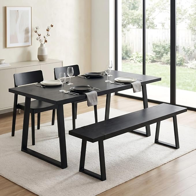HNY 60" Entryway Bench Black Wood Dining Bench Bedroom Bench Modern Minimalist Long Slatted Bench for Living Room Hallway, Sturdy Solid Wood with Black Metal Leg Seating for 4-6 People