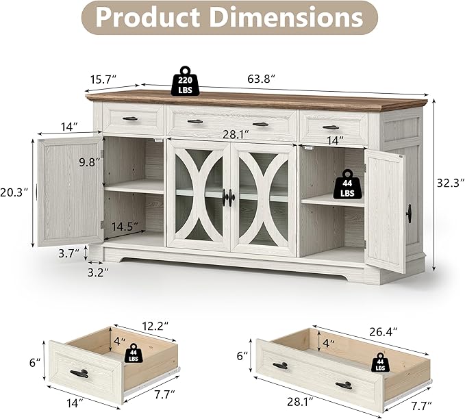 Einhomn 64" Farmhouse Sideboard Cabinet with 3 Drawers and 4 Doors, Buffet Cabinet with Adjustable Shelves and Curved Glass Doors, Large Storage Cabinet for Dining Room, Living Room, Kitchen,White