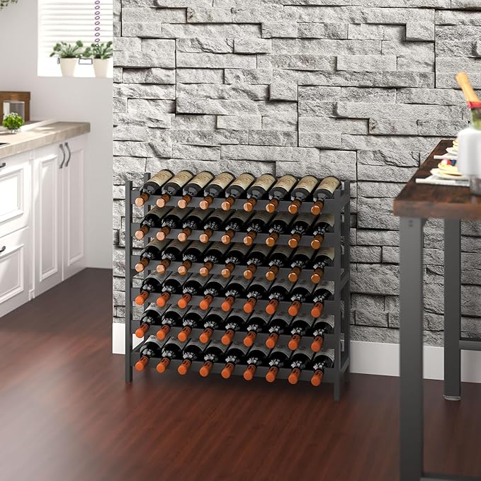 Wine Rack Freestanding Floor, Bamboo 6-Tier 51 Wine Bottle Holder Racks Countertop Cabinet Display, Wooden Stackable Modular Wine Storage Organizer Shelves for Kitchen Bar Cellar Dining Room Black